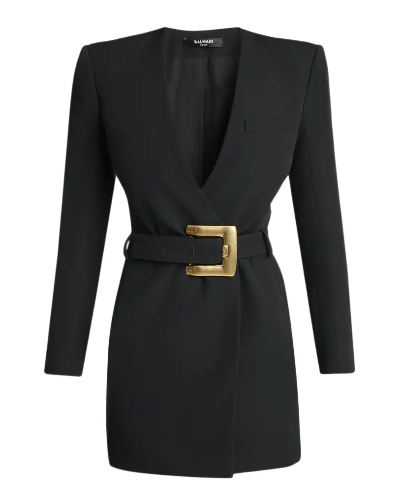 Balmain Belted Strong-Shoulder Long-Sleeve Mini Dress