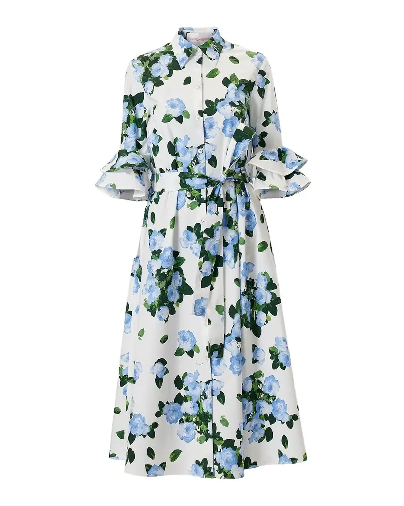 Carolina Herrera Tiered Ruffle Sleeve Belted Midi Shirtdress