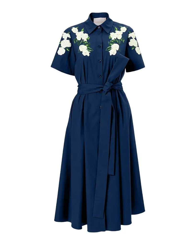 Carolina Herrera Rose Embroidered Short-Sleeve Midi Shirtdress