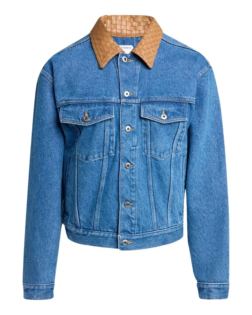 Bottega Veneta Men 's Intrecciato-Leather Collar Denim Jacket