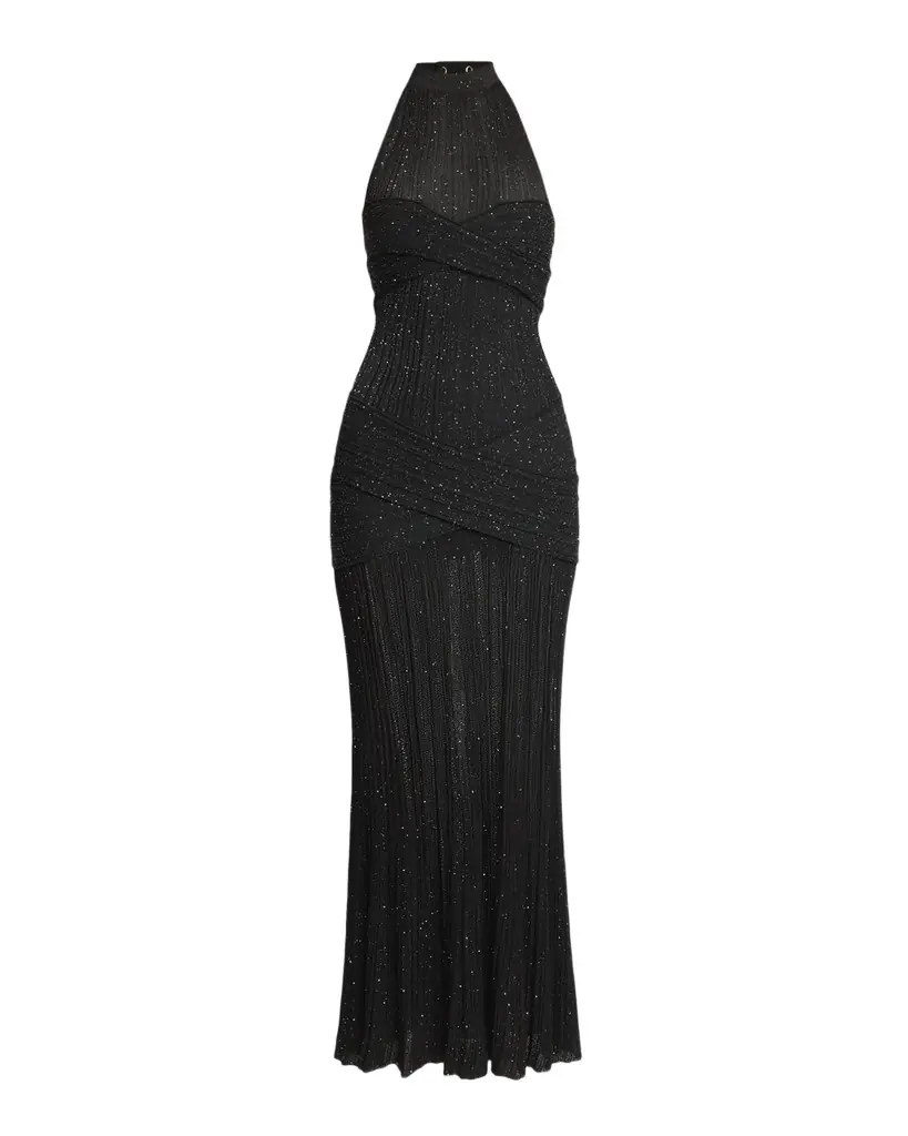 Balmain Glittered Crisscross Semi-Sheer Halter Dress