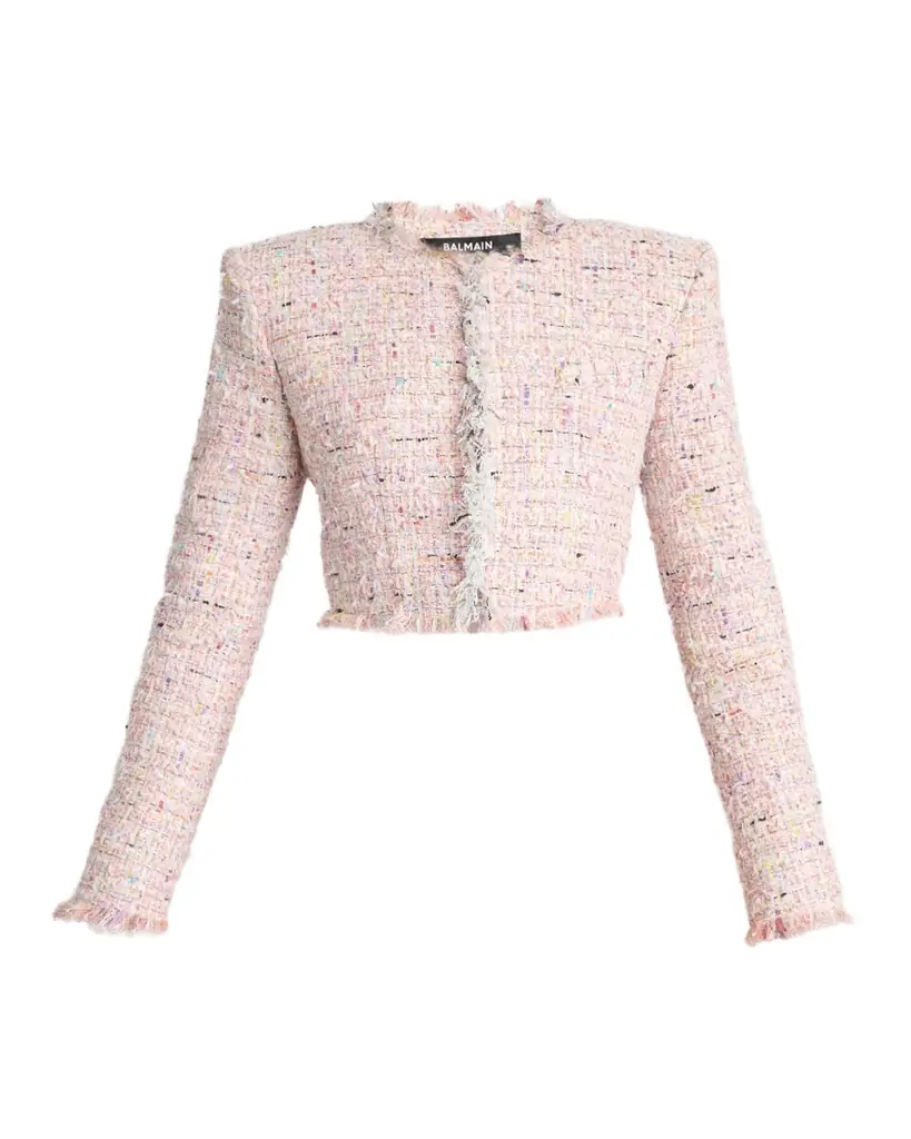 Balmain Speckled Tweed Fringed Crop Open Jacket