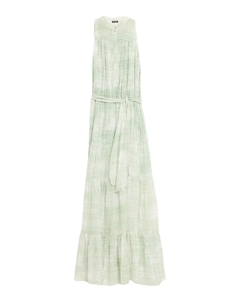Kiton Check Silk Tie-Waist Tiered Maxi Dress