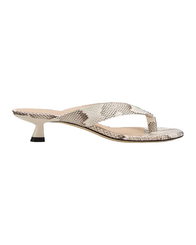 Stuart Weitzman 33mm Rio Snakeskin-Print Leather Kitten-Heel Thong Sandals
