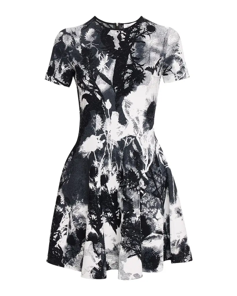 McQueen Floral Jacquard Short-Sleeve Mini Dress