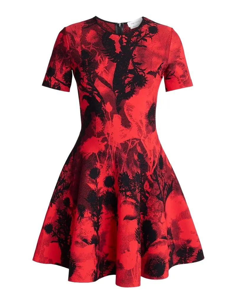 McQueen Floral Jacquard Short-Sleeve Mini Dress