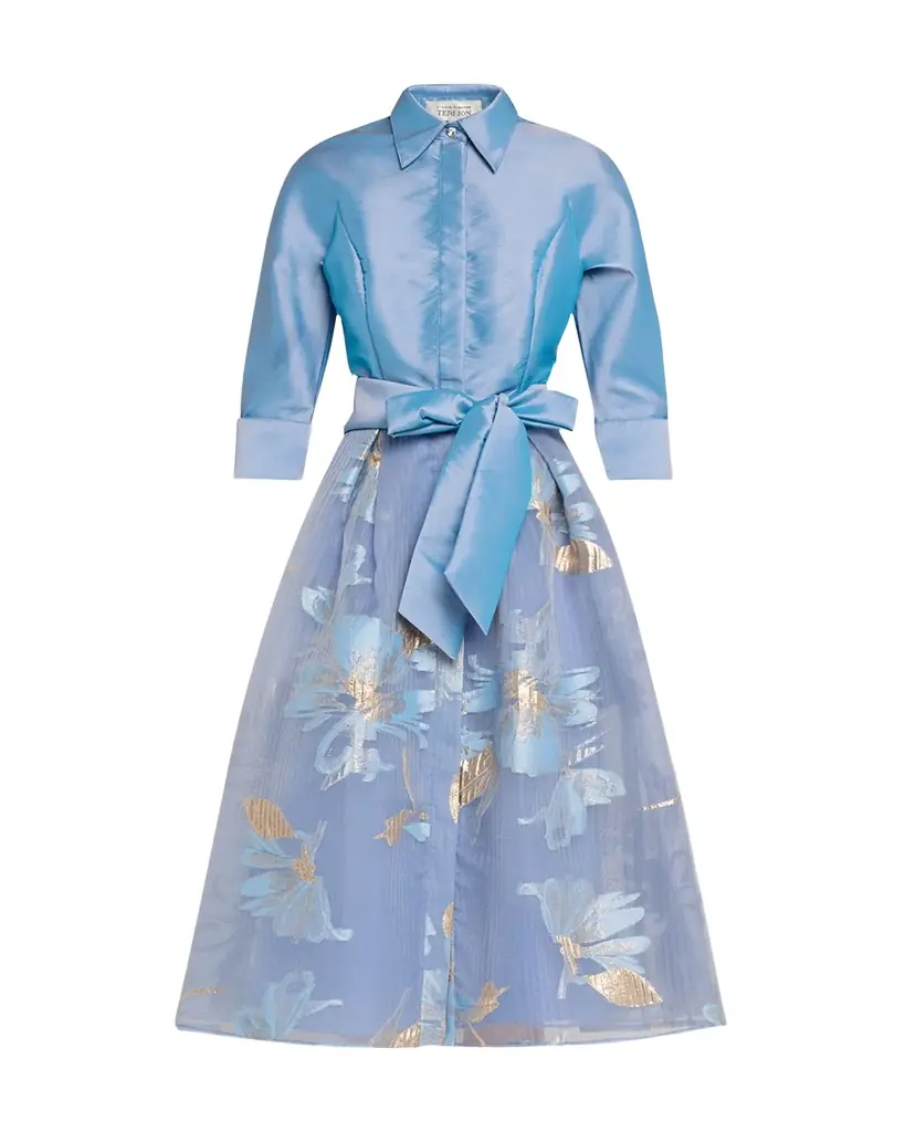 Rickie Freeman for Teri Jon Taffeta & Floral Organza Midi Shirtdress