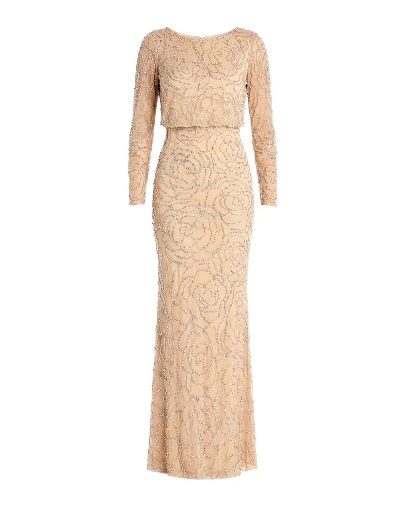 Mac Duggal Floral Beaded Blouson Column Gown