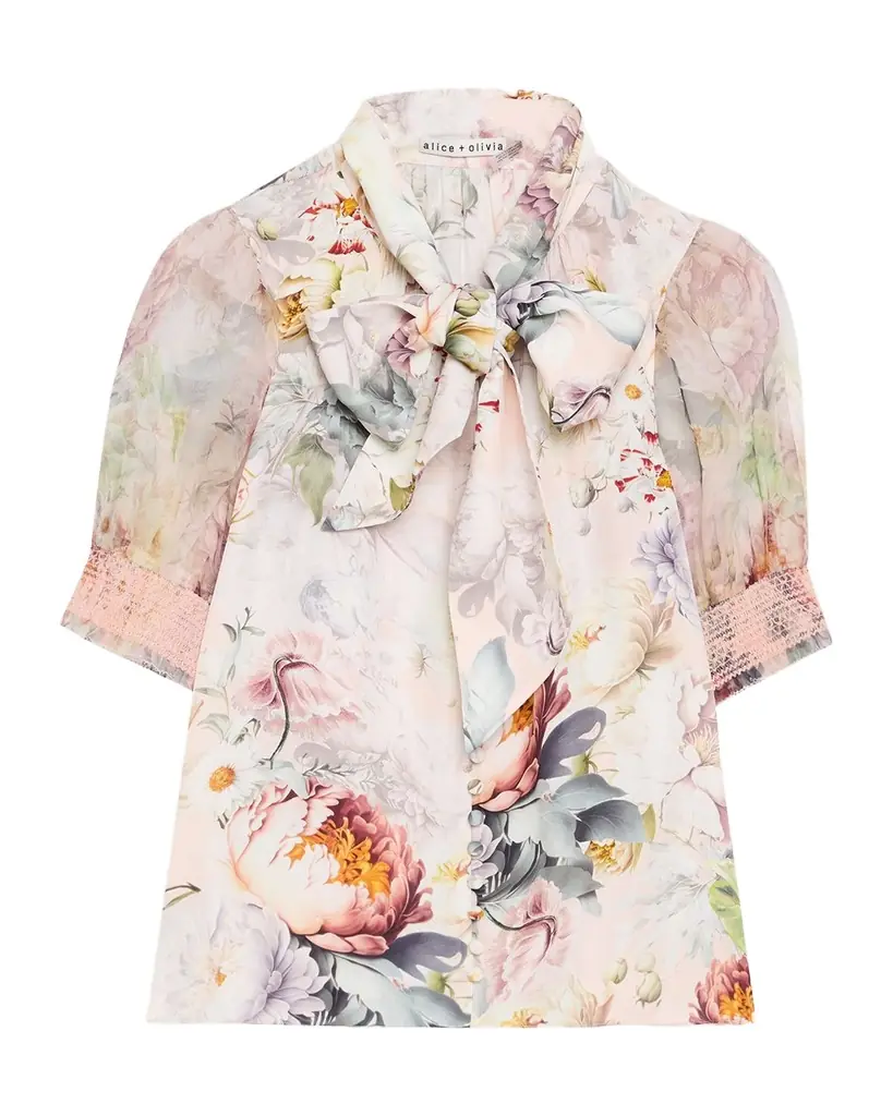 ALICE + OLIVIA Brentley Floral Tie-Neck Blouse