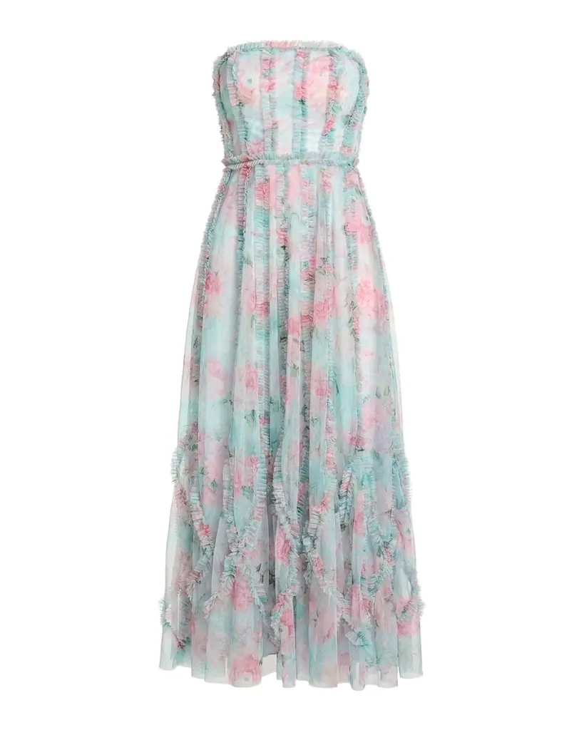Mac Duggal Strapless Ruffle-Trim Floral Mesh Midi Dress
