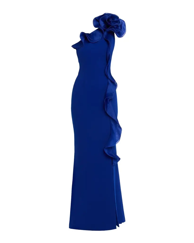 Rickie Freeman for Teri Jon One-Shoulder Ruffle Column Gown