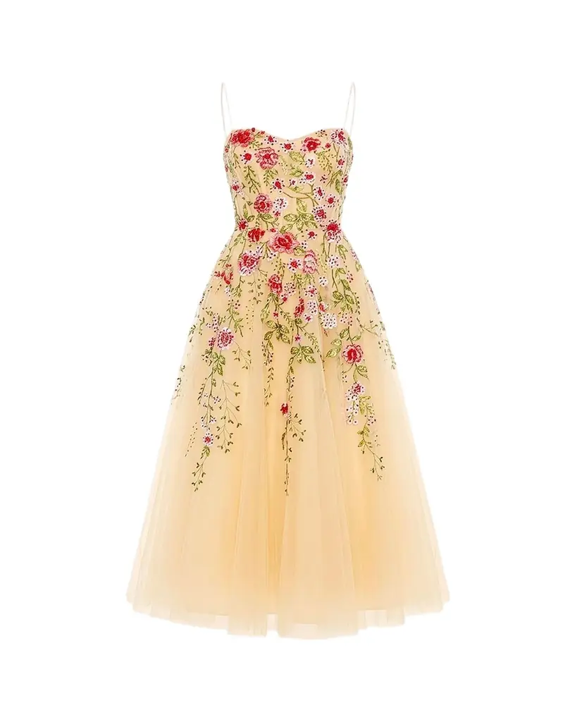 Mac Duggal Floral-Embroidered Tulle Midi Dress