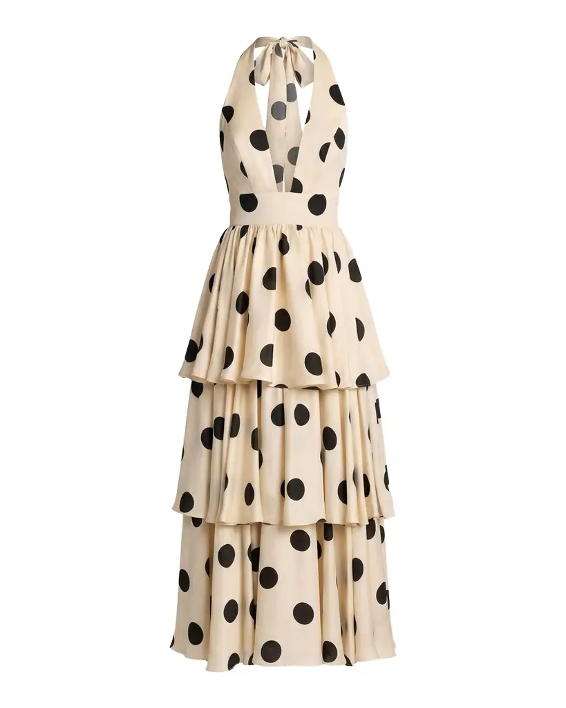 Mac Duggal Plunging Tiered Polka Dot Maxi Dress