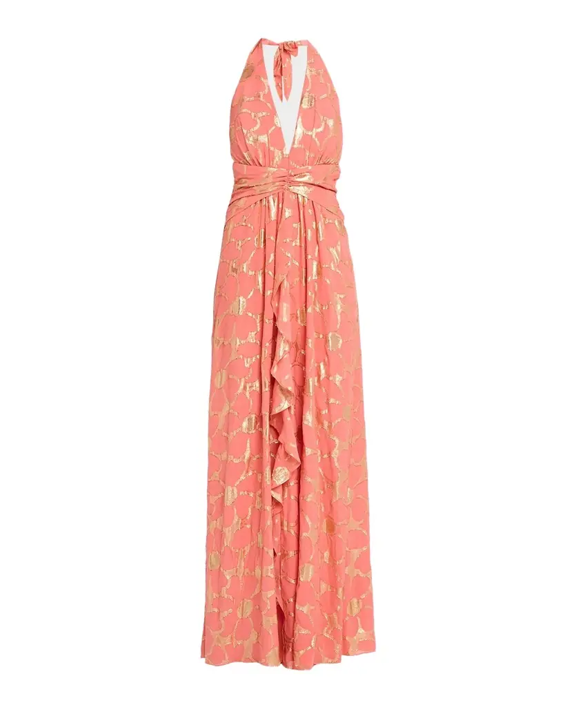 Ramy Brook Stephanie Metallic Floral Halter Maxi Dress