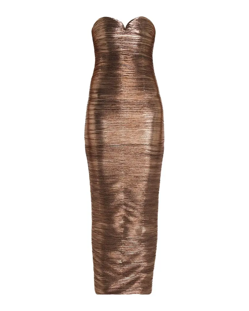 Retrofete Calypsa Strapless Lamé Midi Dress