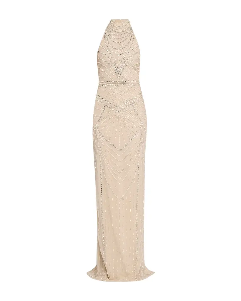 Pamella Roland Embroidered Tulle Halter Gown