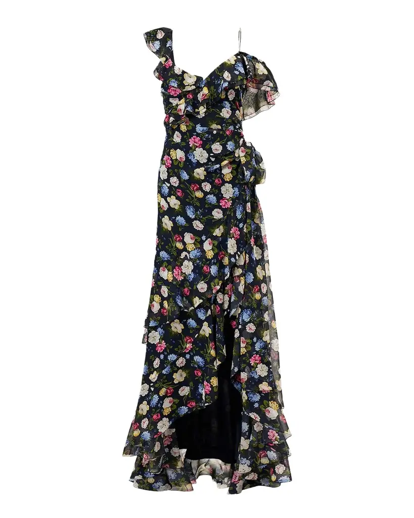 Carolina Herrera Floral-Print Silk Chiffon Asymmetric Ruffle Gown