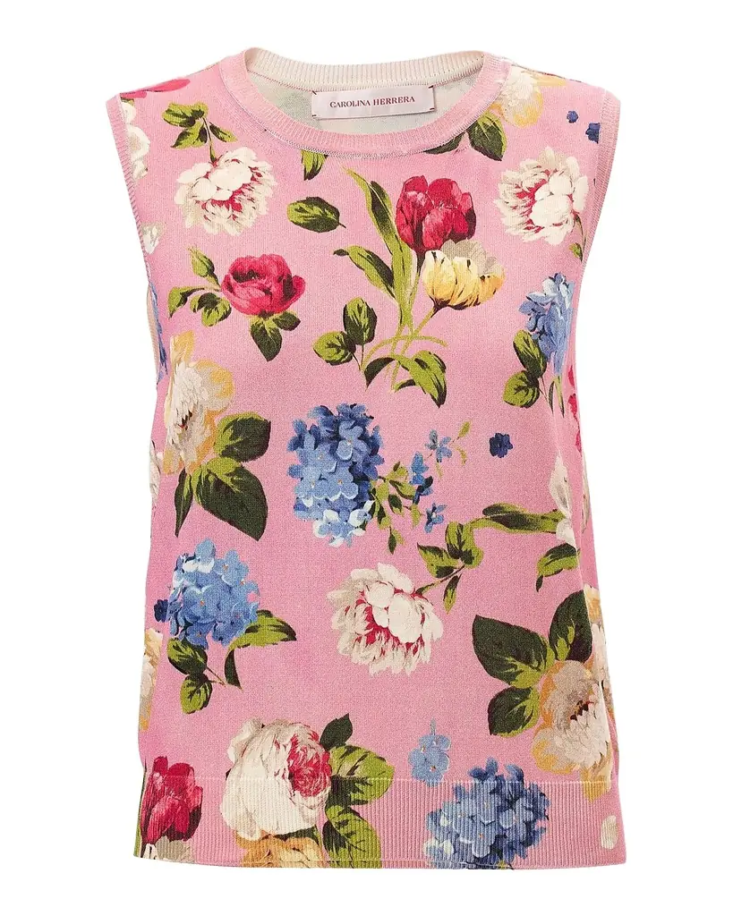 Carolina Herrera Floral-Print Knit Crewneck Tank Top