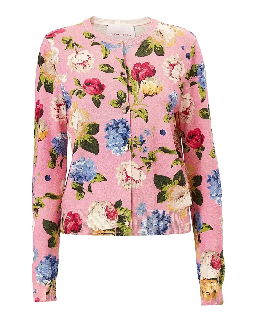 Carolina Herrera Floral Silk-Cotton Crewneck Cardigan