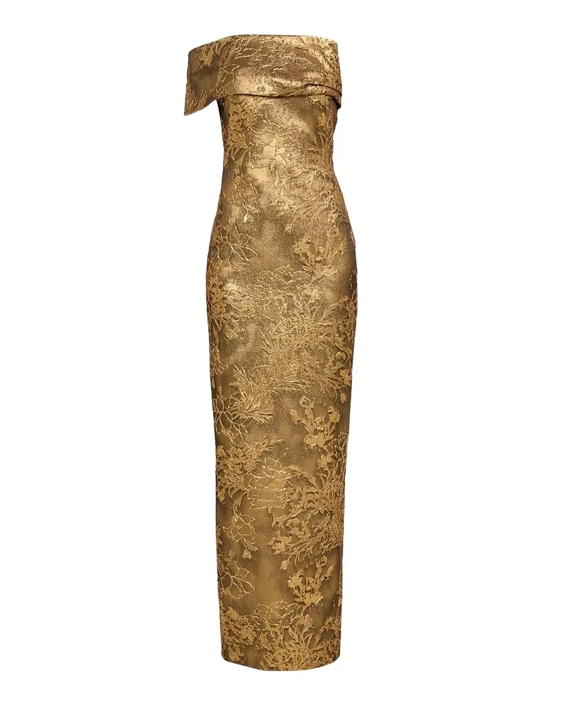 Pamella Roland Asymmetric Off-The-Shoulder Metallic Jacquard Gown