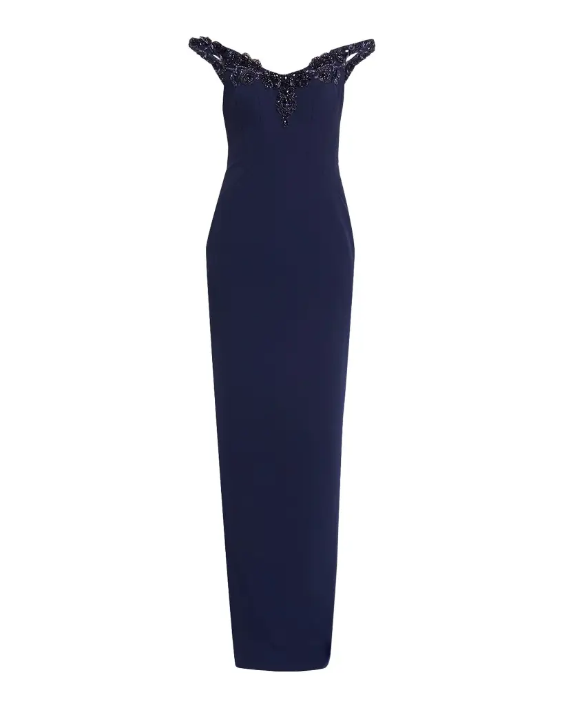 Pamella Roland Embroidered Sleeveless Crepe Column Gown