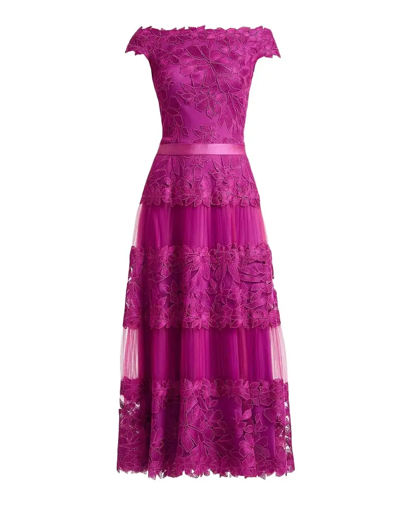Tadashi Shoji Off-the-Shoulder Cap-Sleeve Lace Midi Dress