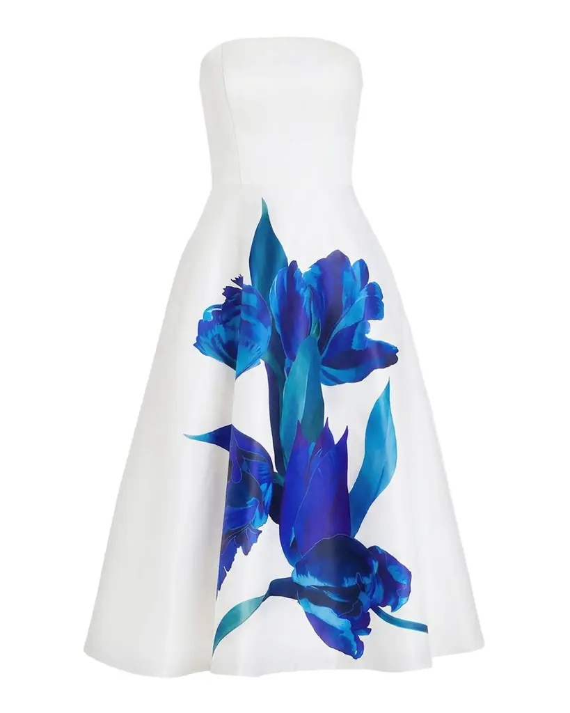 Mac Duggal Strapless Floral-Print Satin Midi Dress