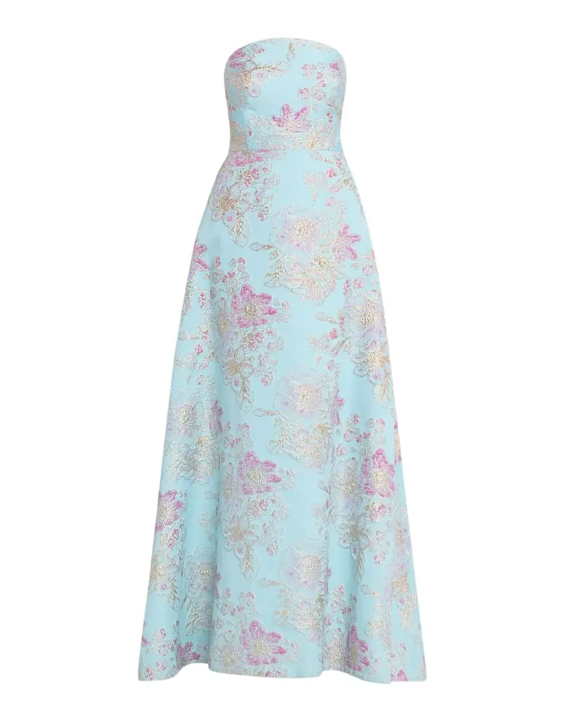 Rickie Freeman for Teri Jon Strapless Metallic Floral Jacquard Gown