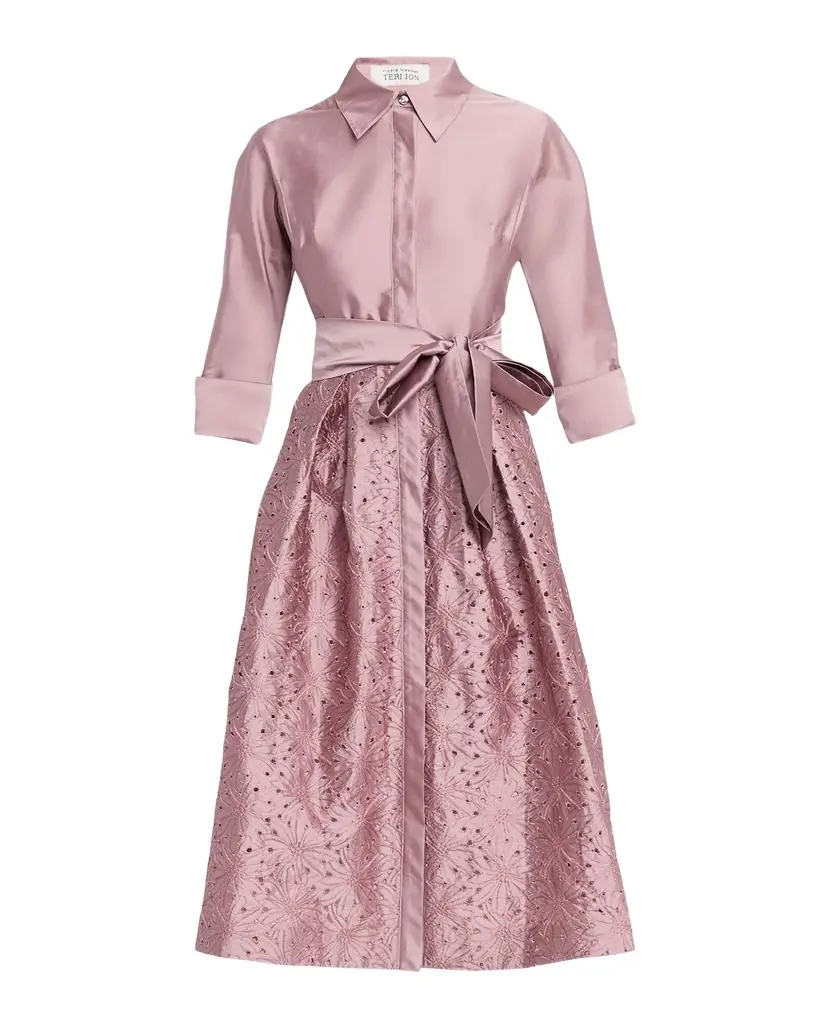 Rickie Freeman for Teri Jon Taffeta Shirt Dress w/ Eyelet Skirt