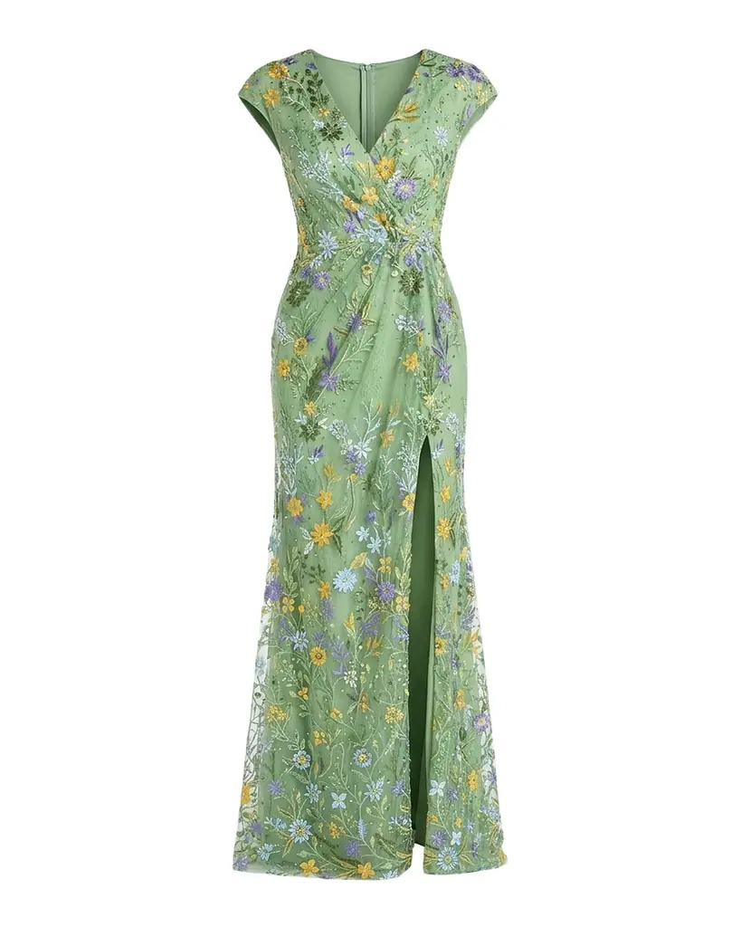 Mac Duggal Floral-Embroidered Column Gown
