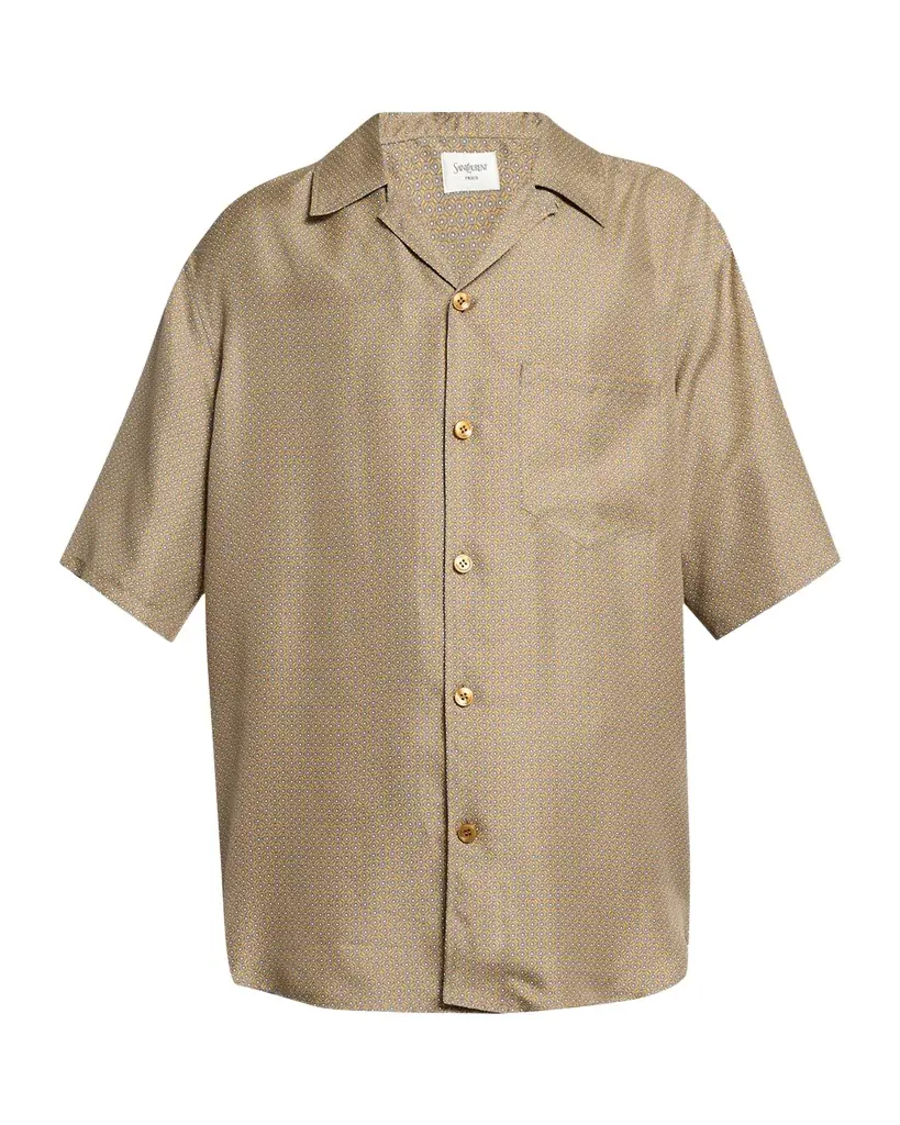 Saint Laurent Men 's Silk Micro-Geometric Short-Sleeve Shirt