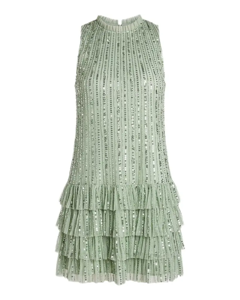 Mac Duggal Ruffle-Trim Bead and Sequin Mini Shift Dress