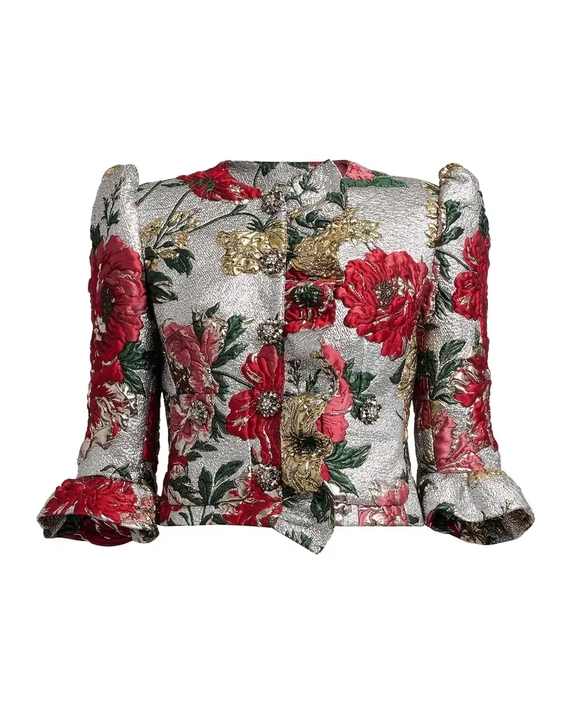 Dolce & Gabbana Metallic Floral Brocade Ruffle Crop Jacket