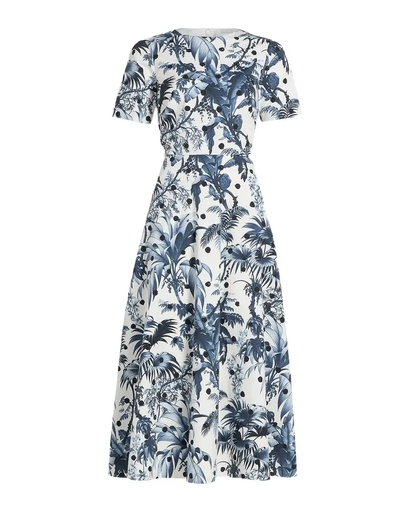 Oscar de la Renta Short-Sleeve Dotted Palm Print Poplin Midi Dress