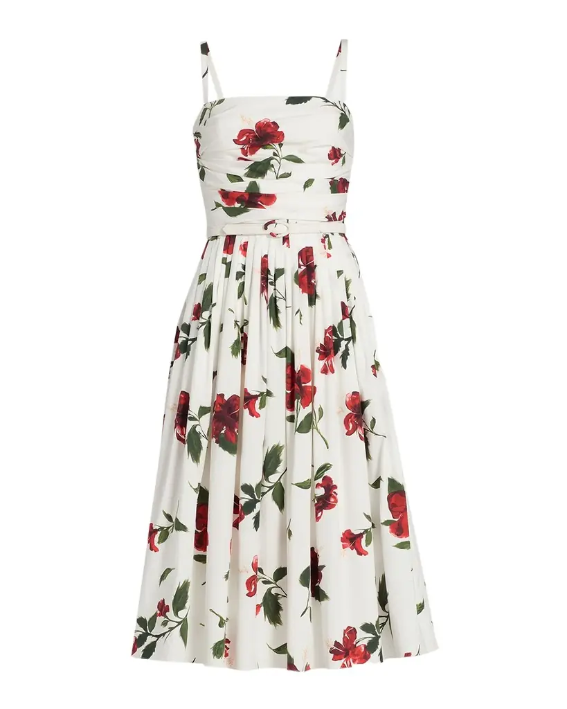 Oscar de la Renta Sleeveless Hibiscus Print Cotton Pleated Midi Dress