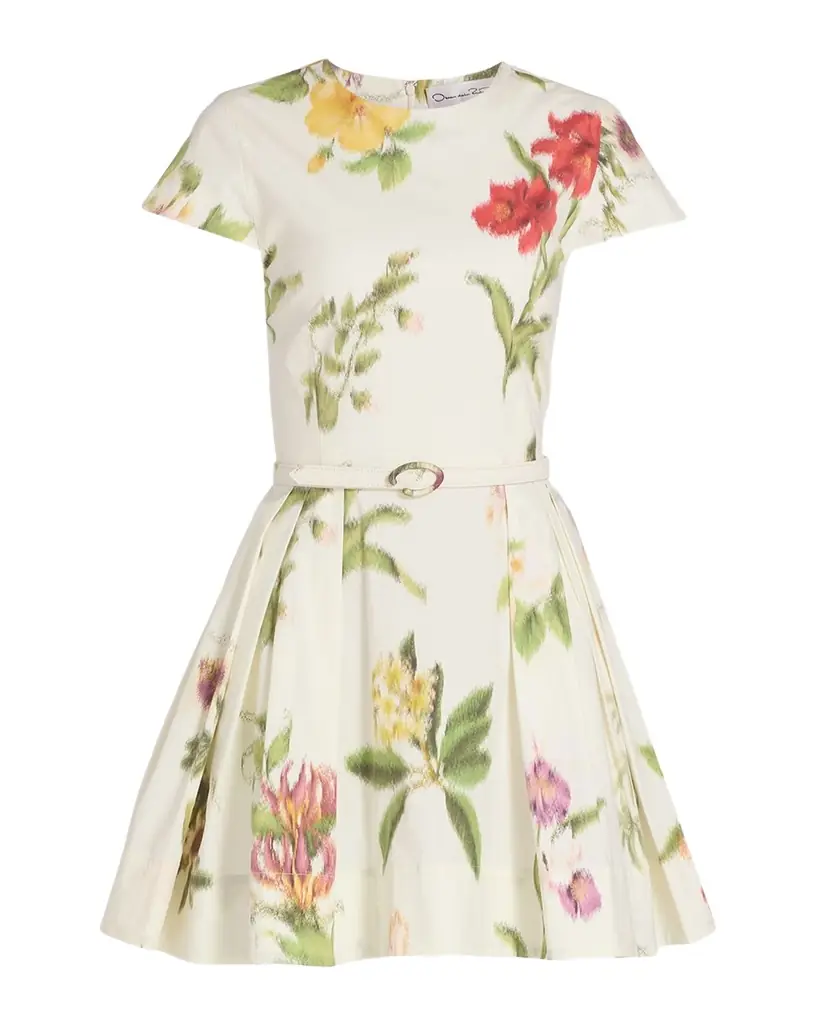 Oscar de la Renta Chine Floral-Print Poplin Short-Sleeve Belted Mini Dress