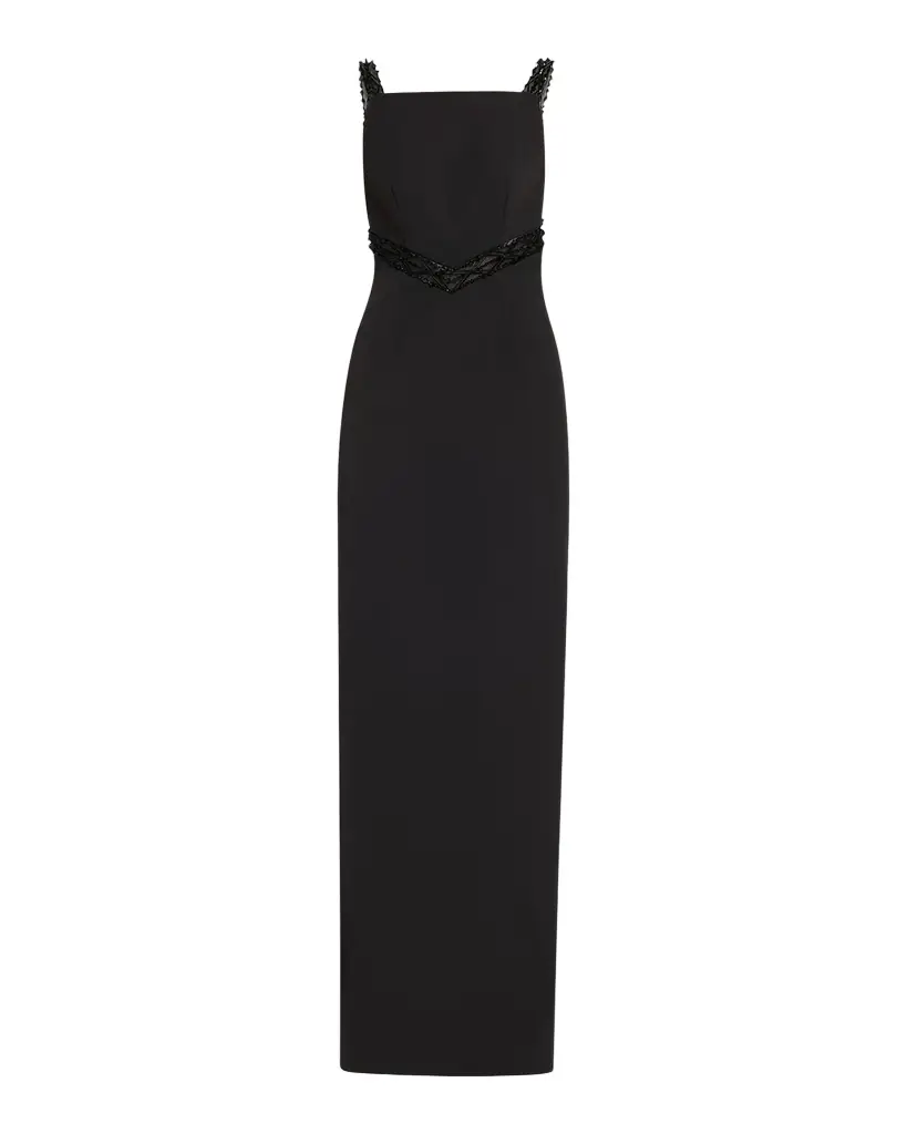 Pamella Roland Embroidered Inset Sleeveless Crepe Gown