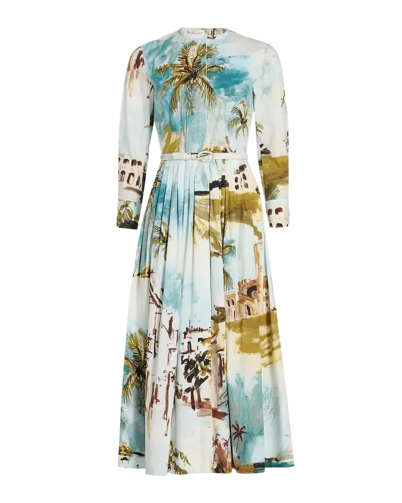 Oscar de la Renta Long-Sleeve Landscape-Print Cotton Poplin Midi Shirtdress With Belt