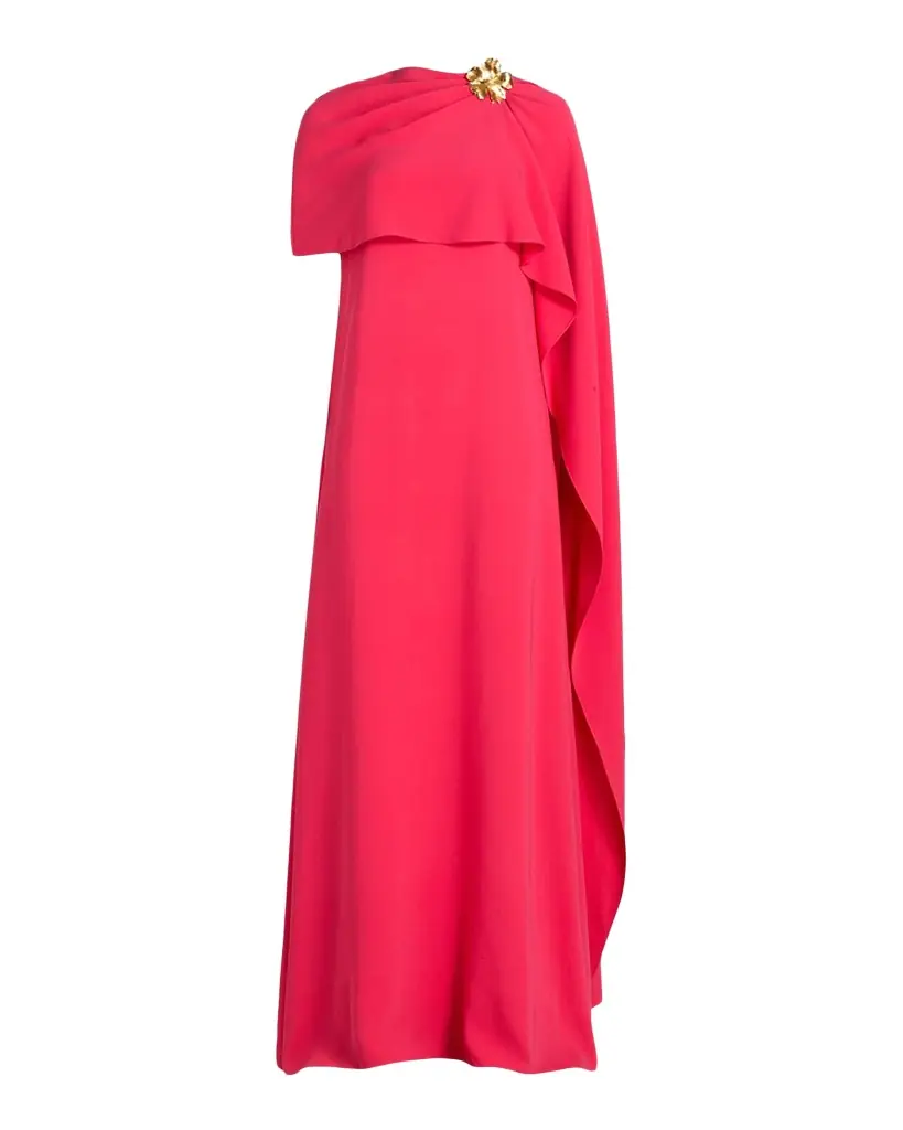 Oscar de la Renta Hibiscus Brooch Draped Georgette Caftan Gown