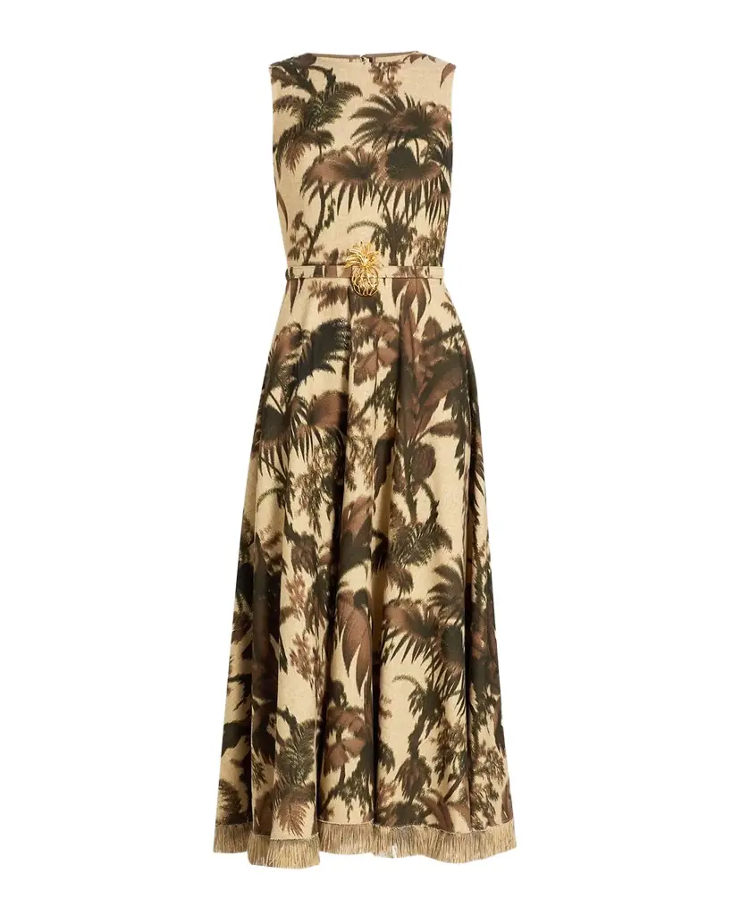 Oscar de la Renta Sleeveless Chine Palm-Print Belted Midi Dress