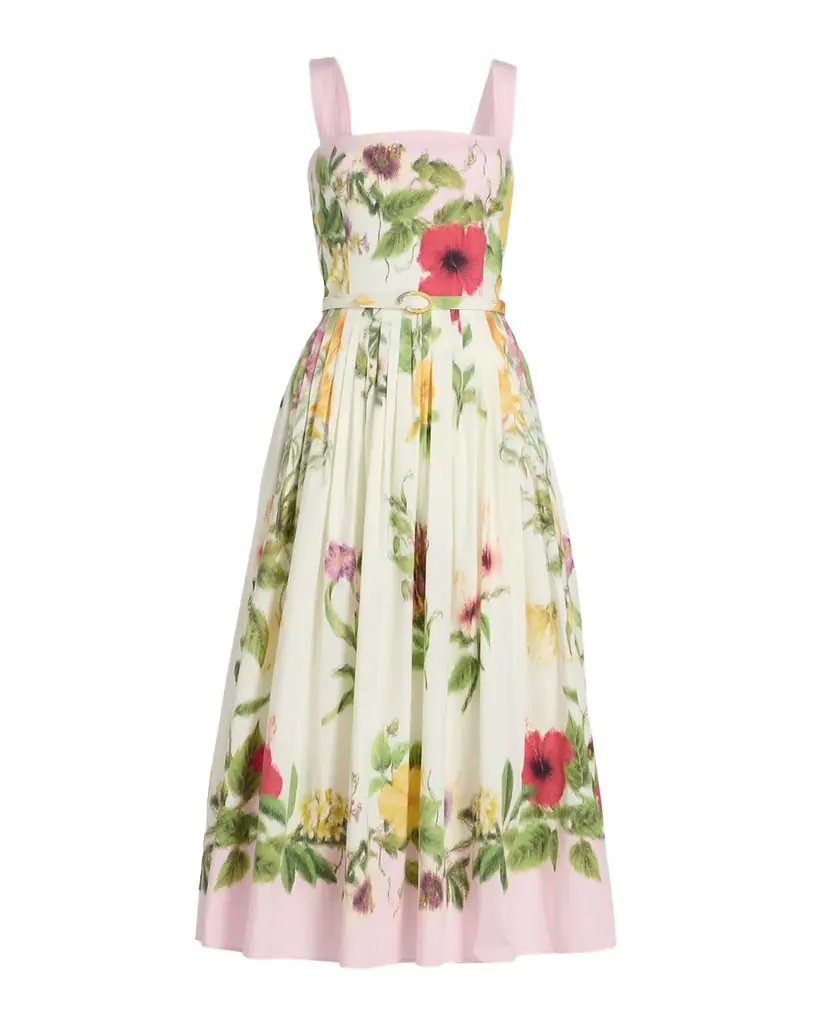 Oscar de la Renta Sleeveless Chine Floral Print Pleated Midi Dress With Belt