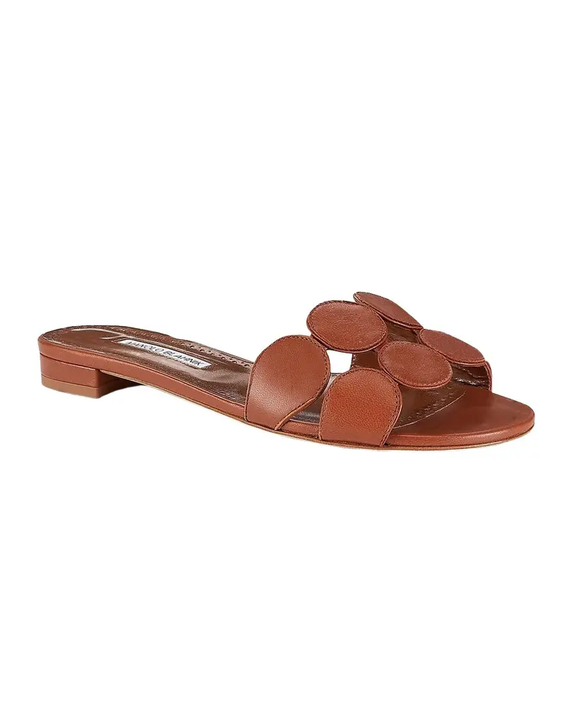 Manolo Blahnik Circle-Cut Leather Slide Sandals