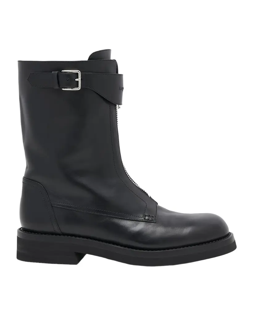 McQueen Men 's Biker Leather Center-Zip Buckle Boots