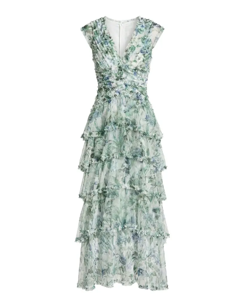 Mac Duggal Floral Mesh Ruffled V-Neck Maxi Dress