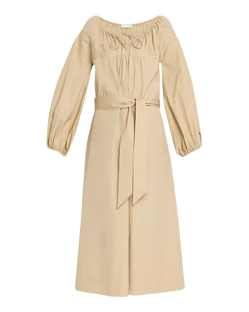 Vince Shirred Cotton Belted Tie-Neck Midi Dress