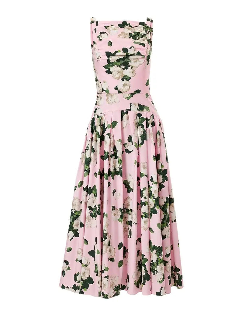 Carolina Herrera Rose-Print Pleated Drop-Waist Midi Dress