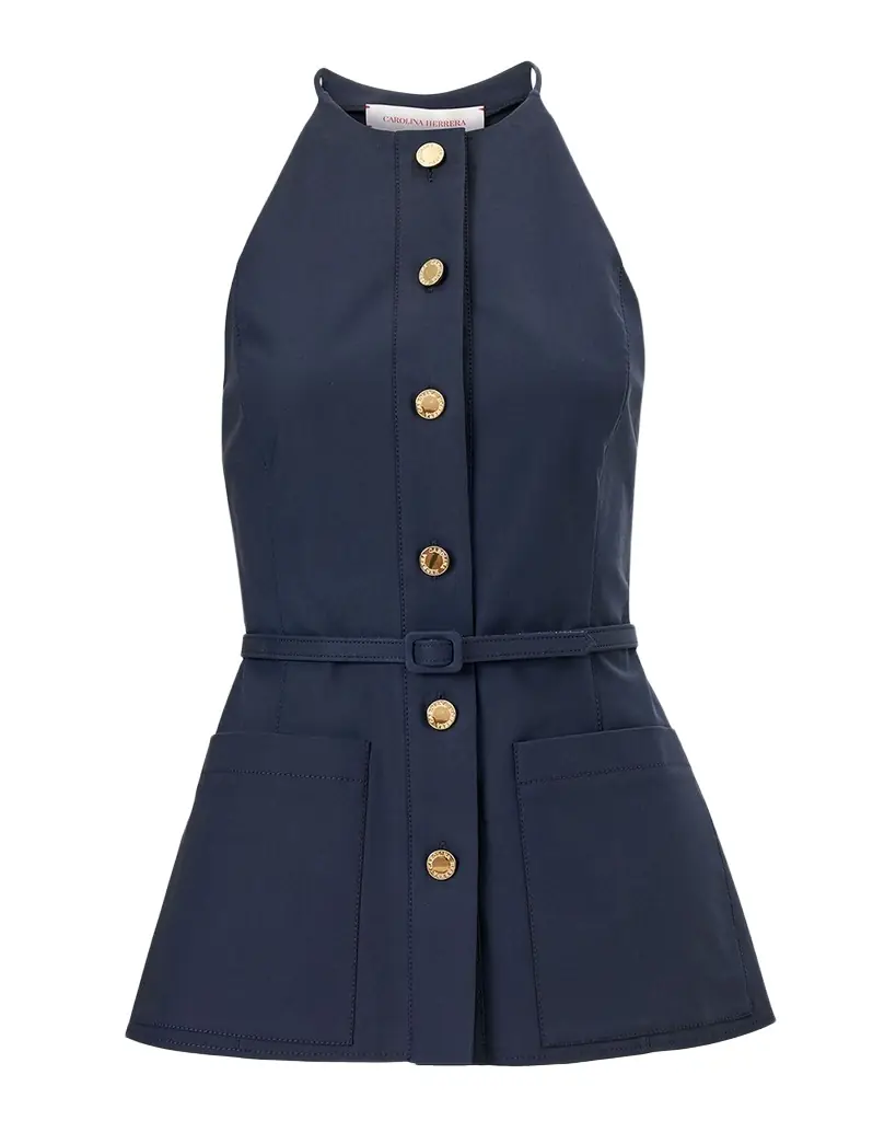 Carolina Herrera Button-Front Belted Halter Peplum Top