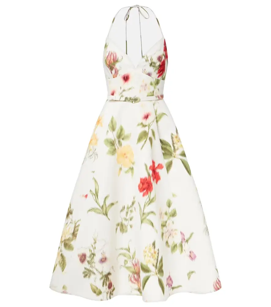 Oscar de la Renta Belted floral faille cocktail dress