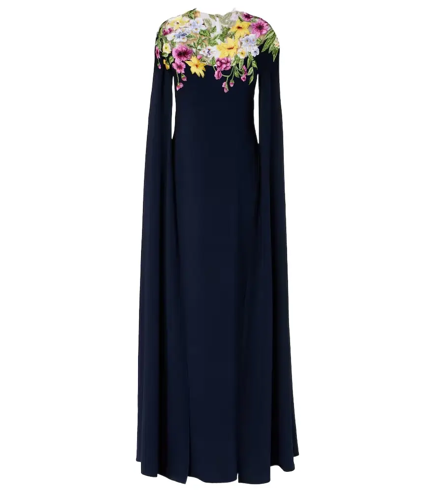 Oscar de la Renta Embroidered caped silk-blend gown