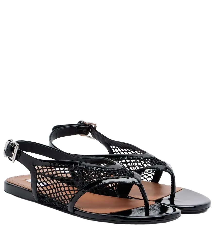Alaia Alaïa Leather-trimmed fishnet thong sandals
